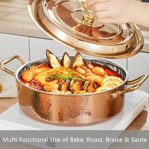 Miniatura 2 de YJX olla de 4.2QT con tapa martilleada, oro rosa de cobre, acero inoxidable tricapa, utensilio de cocina multifuncional para hornear, asar, guisar