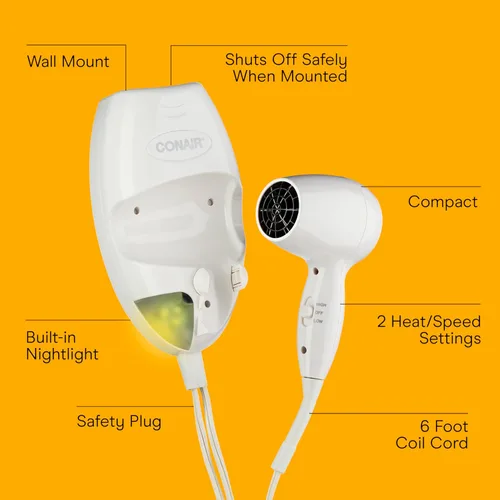 Miniatura 2 de Conair Secador de pelo de montaje en pared, secador de 1600 W con luz nocturna LED, 2 ajustes de temperatura y 2 velocidades, color blanco