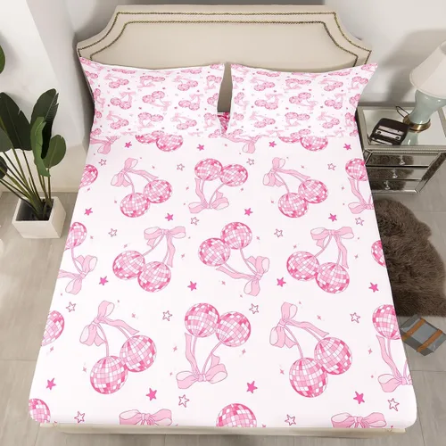 Miniatura 24 de Sábana bajera con lazo azul tamaño individual, juego de ropa de cama de princesa con cerezas, estrellas y flores margaritas de dibujos animados