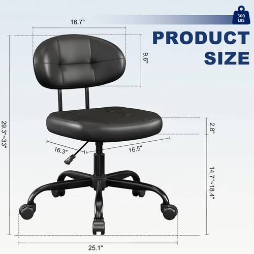 Miniatura 2 de Misolant Silla de tocador con respaldo, pequeña silla de oficina sin brazos con ruedas y soporte lumbar, cómodas sillas de escritorio de piel Negro