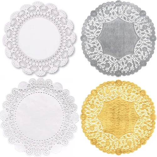 Paquete combinado de tapetes redondos de 12 pulgadas, encaje de papel blanco, surtido de láminas metálicas plateadas y doradas (paquete de 40 – 10