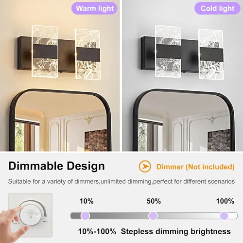 Miniatura 4 de Moderna lámpara LED de baño, regulable, 2 luces, color negro, 5CCT, ajustable, luces de tocador sobre el espejo, luces LED de acrílico ahumado