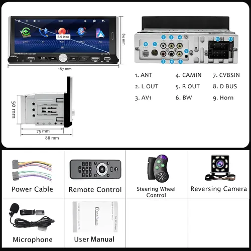 Miniatura 6 de Pantalla táctil de 6.9 pulgadas, radio estéreo para automóvil con Bluetooth, reproductor de unidad principal compatible con enlace de espejo, radio