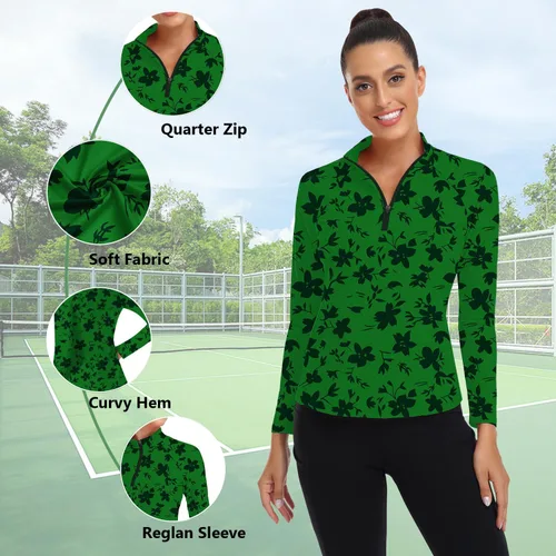 Miniatura 50 de WOWENY Camiseta deportiva de manga larga para mujer, con cremallera de un cuarto, cuello para entrenamiento, camiseta de tenis con estampado