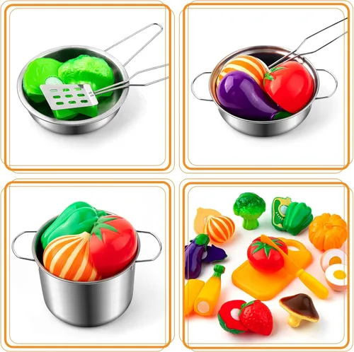 Miniatura 4 de Tigerhu 26 accesorios de cocina de juguete, juguetes de cocina con utensilios de cocina de acero inoxidable, delantal y sombrero de chef, juego