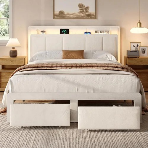 Miniatura 10 de Base de cama de almacenamiento de tamaño matrimonial, cama de plataforma tapizada con 2 cajones, cabecera de canal vertical de terciopelo con luces