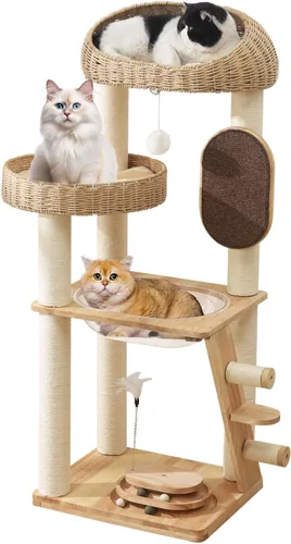Árbol moderno para gatos, torre de árbol para gatos con cápsula espacial, nido de cesta tejida a mano, postes de sisal y tabla de rascar, torre de