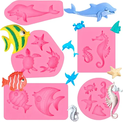 Miniatura 14 de Moldes de silicona para fondant de peces de tortuga marina, 4 paquetes de moldes de chocolate con delfín de coral marino para decoración de Pescado