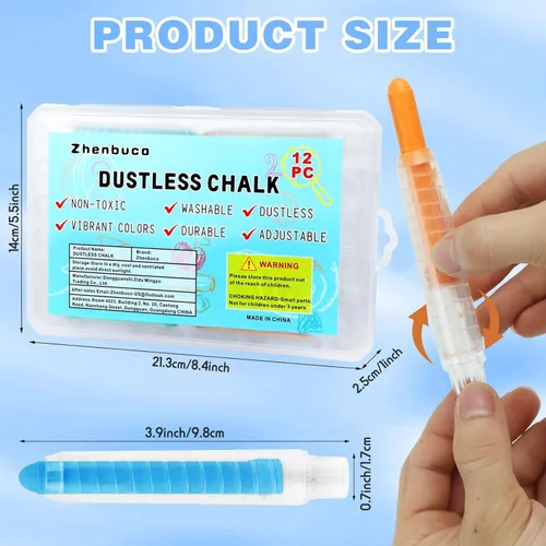 Miniatura 7 de Tiza sin polvo para niños, 12 tizas de color no tóxicas para acera con soporte, para el regreso a clases, sin polvo, lavable, tiza para niños