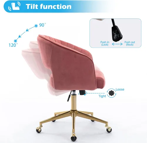 Miniatura 5 de Silla de oficina en casa, silla giratoria de terciopelo para escritorio, sillón tapizado moderno con base dorada para niñas y mujeres, asiento