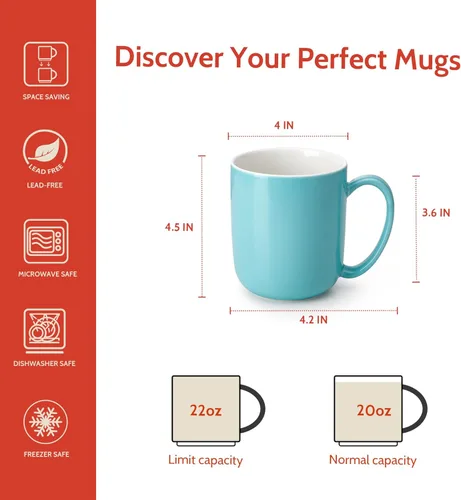 Miniatura 2 de Sweese Juego de 6 tazas de café de porcelana grandes de 20 onzas, tazas de café grandes de porcelana con mango grande, vasos de gran