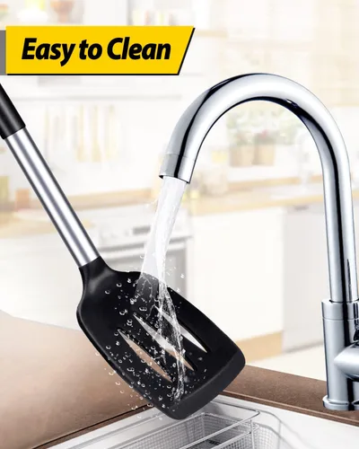 Miniatura 5 de Paquete de 2 espátulas de cocina de silicona sólidas, antiadherentes, utensilios de cocina sin BPA, resistentes al calor, utensilios de cocina Negro