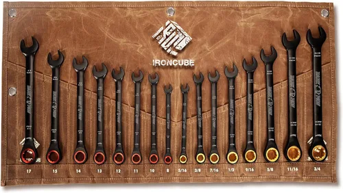 ironcube Juego de llaves de trinquete para hombres: 16 piezas métricas y SAE - Cromo negro vanadio - Incluye bolsa de lona de cera resistente al