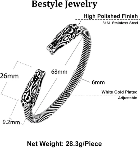 Miniatura 7 de Bestyle Brazalete vikingo de acero inoxidable pesado para hombres y niños, pulsera ajustable abierta de cuervoloboruna, vintage, retro, joyería