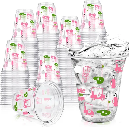 Miniatura 9 de Qinyoung 50 piezas de suministros para fiestas de golf, vasos de plástico transparente de 12 onzas, desechables, Let's Par-tee para deportes