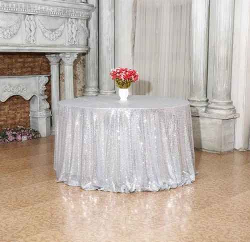 Miniatura 4 de SquarePie Mantel de lentejuelas redondo plateado de 72 pulgadas, mantel brillante de lino para boda, cumpleaños, fiesta, Navidad Plata