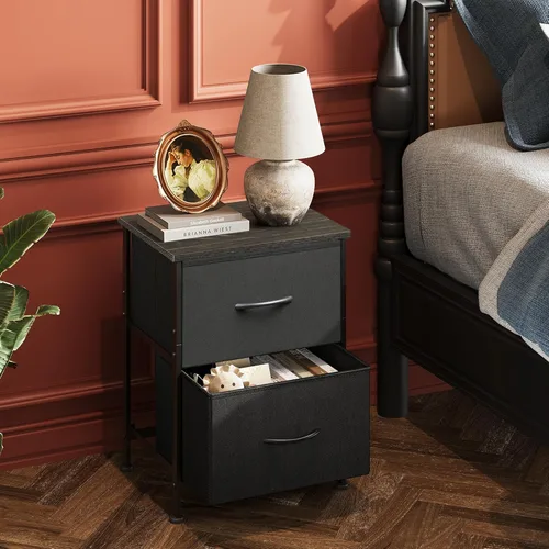 Miniatura 2 de WLIVE Mesita de noche negra, cómoda pequeña con 2 cajones y superficie de madera, mesita de noche con cestas de tela, mesa de cabecera mesa auxiliar