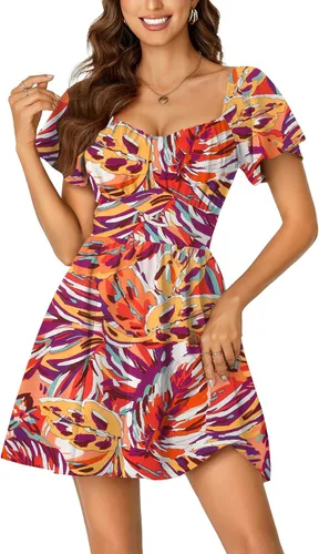 Miniatura 24 de Rooscier Minivestido acampanado de manga corta con volantes, cuello cuadrado, envolvente y espalda anudada para mujer