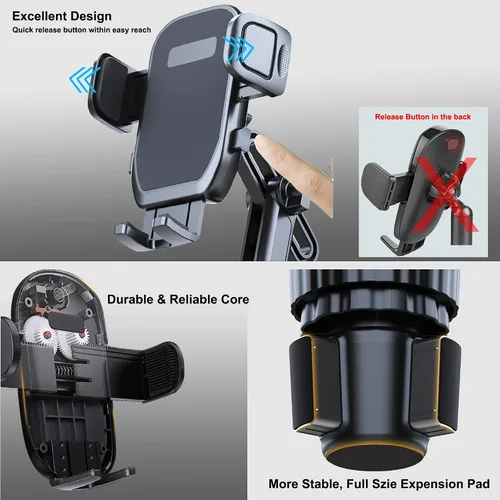 Miniatura 6 de Soporte para teléfono de portavasos, 2 en 1, expansor universal de portavasos con brazo largo, rotación de 360°, soporte para teléfono de portavasos