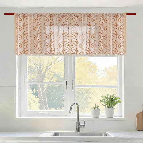 Cortina bohemia con cenefa para ventana de cocina, color terracota sobre beige, cortinas cortas con borlas florales y bolsillo para cortinero, 1