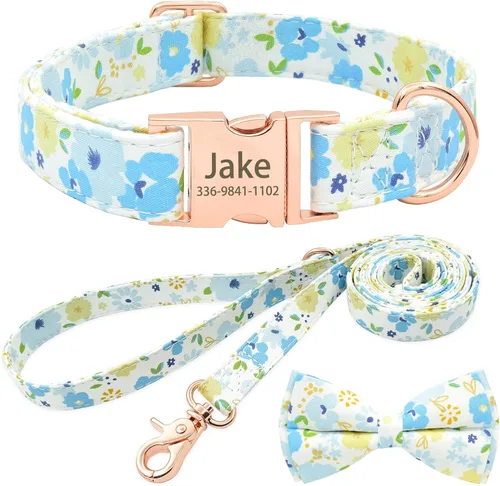 Miniatura 19 de Collar de perro con bonito lazo personalizado con nombre, collar floral personalizado con hebilla dorada grabada para perras pequeñas, medianas