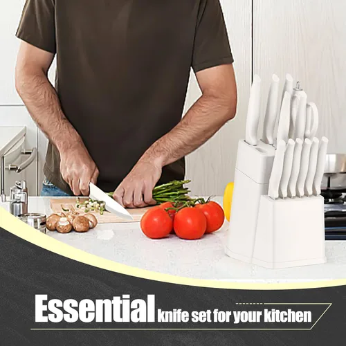 Miniatura 4 de HaWare Juego de cuchillos de cocina de acero inoxidable de 21 piezas, juego de cuchillos de chef blancos con cuchara medidora y rebanadora