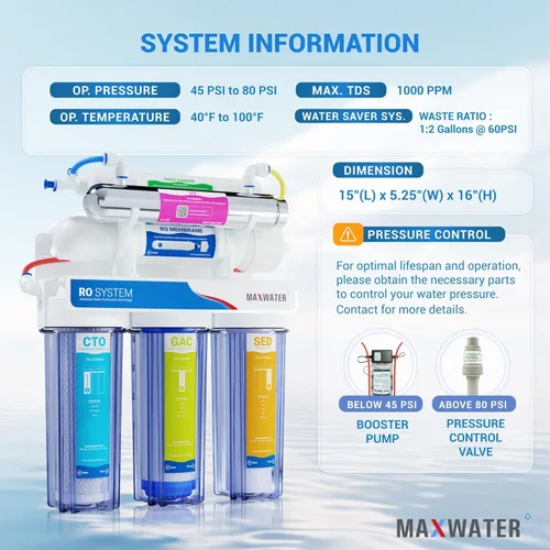 Miniatura 2 de Max Water Home RO Purificador de agua de 6 etapas para debajo del fregadero Sistema de filtración de agua de ósmosis inversa con capacidad de 50 GPD