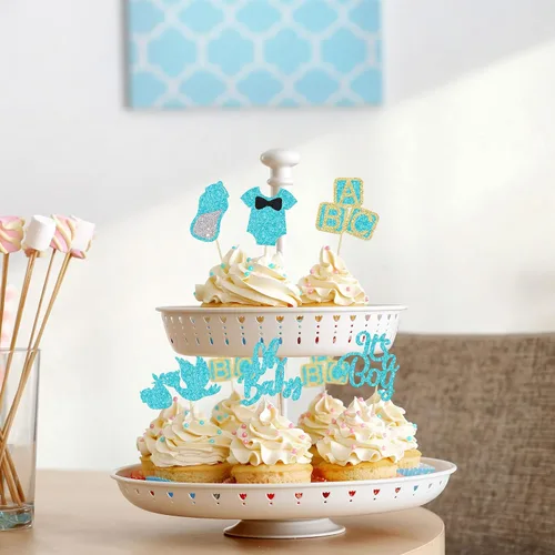 Miniatura 4 de 24 adornos para cupcakes Oh Baby con purpurina azul "It's a Boy" con botella de cisne, para baby shower, revelación de género, decoraciones