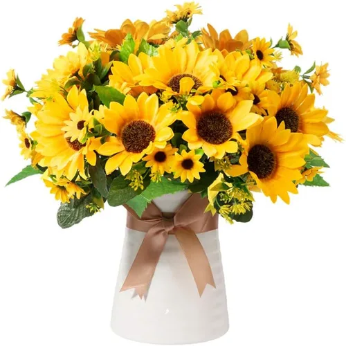 Flores artificiales con jarrón de cerámica para decoración de otoño, 5 arreglos florales de seda falsos, centros de mesa de flores artificiales para