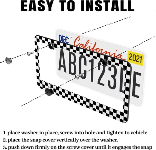 Miniatura 5 de Marco de matrícula de cuadro ajedrezado en blanco y negro, soporte de matrícula con bandera de carrera a cuadros para accesorios de automóvil