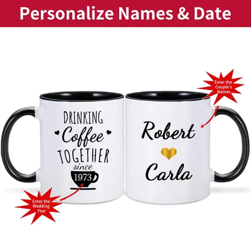 Miniatura 2 de Regalo de boda del 50 aniversario para padres – Beber café juntos desde 1973 taza de café personalizada con nombre de pareja y año de boda, regalos