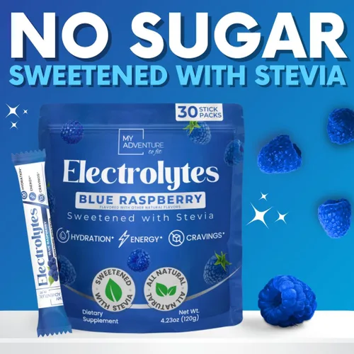 Miniatura 6 de Bolsas de Polvo de Electrolitos Cero Azúcar Sabor Frambuesa Azul (Paquete de 30) - Ingredientes Completamente Naturales, Energía Libre de Cafeína
