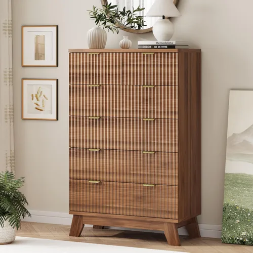 Miniatura 31 de Xixini - Cómoda moderna de madera acanalada para dormitorio, sala estar, pasillo o armario, para organizar y almacenar ropa o soporte de TV, 6 Roble