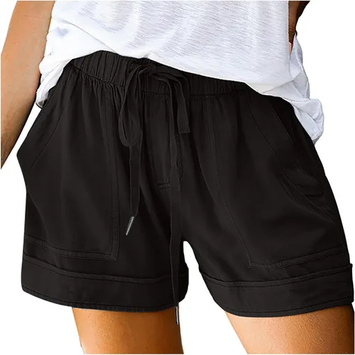 Generic Pantalones cortos de playa de verano para mujer, cómodos, informales, con cordón, cintura elástica, color puro, ligeros, pantalones cortos