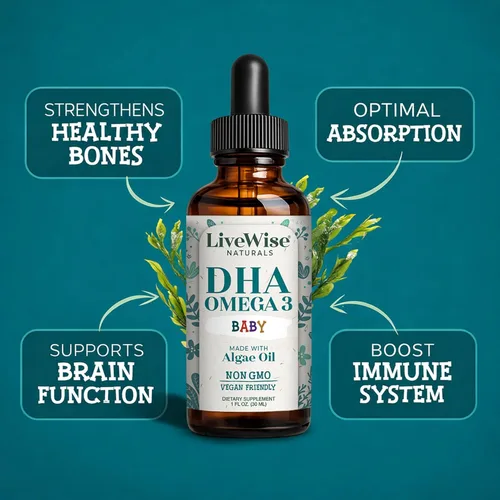 Miniatura 3 de LiveWise Naturals Omega 3 DHA Baby Drops - Omega 3 líquido vegano para bebés o bebés de hasta 2 años - Suplemento esencial de DHA para el cerebro