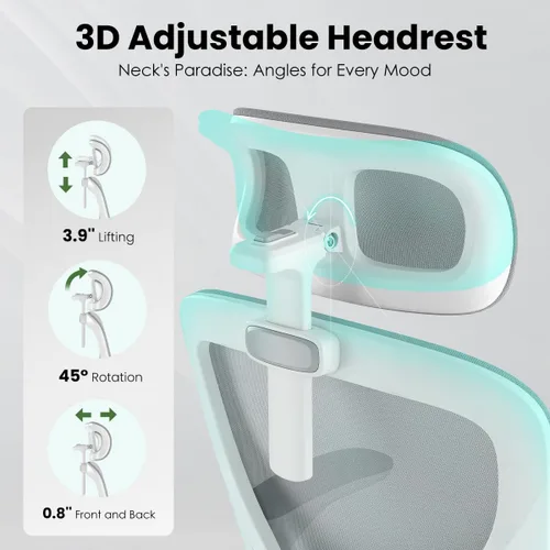 Miniatura 7 de Silla de oficina ergonómica, silla de escritorio giratoria de malla con respaldo alto, con soporte lumbar ajustable, reposacabezas y reposabrazos