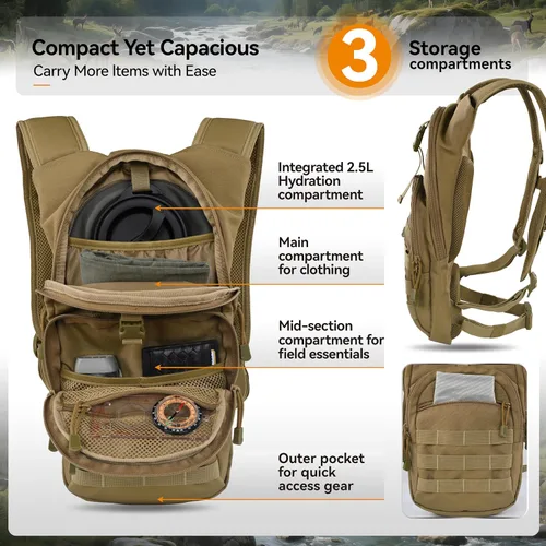 Miniatura 3 de MARCHWAY Mochila de Hidratación Táctica Molle con Vejiga de Agua de TPU de 2.5L, Mochila Militar Organizada de Perfil Bajo para Senderismo, Canela