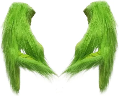 Hefnoya Guantes de felpa de monstruo verde para adultos y niños, disfraz de Papá Noel de Navidad, accesorios de máscara de manos verdes, Guantes