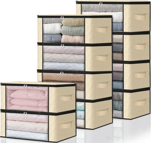 Miniatura 14 de HomeHacks Paquete de 3 bolsas organizadoras de ropa, caja de almacenamiento plegable con gran ventana transparente y asas resistentes para armario