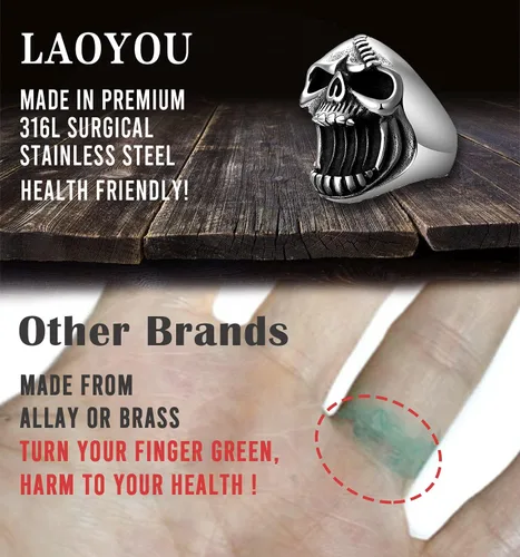 Miniatura 2 de LAOYOU Skull Ring, Mens Stainless Steel Vintage Skull Bottle Opener Rings, Big Solid Heavy Gothic Biker Ring Christmas for Men Boys