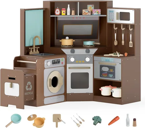 Miniatura 11 de Costzon Cocina de Juego de Esquina, Cocina Grande de Juego de Simulación con Luz y Sonido Reales, Bote de Basura Extraíble, Estufas, Microondas