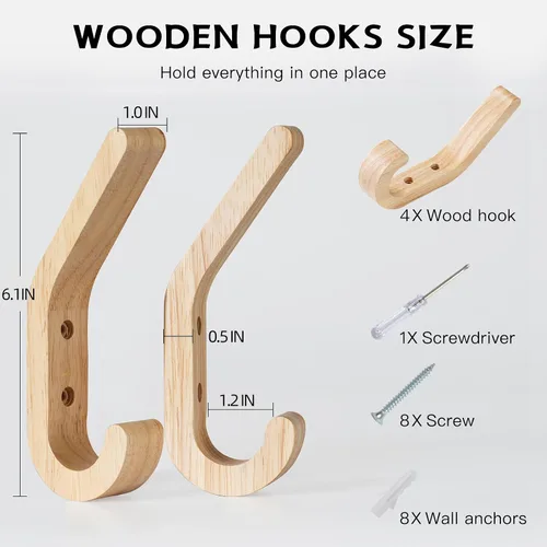 Miniatura 6 de Ganchos de Pared de Madera Natural, Paquete de 4 Ganchos de Abrigo de Madera Montados en la Pared, Gancho Colgador de Clavija de Madera Decorativo