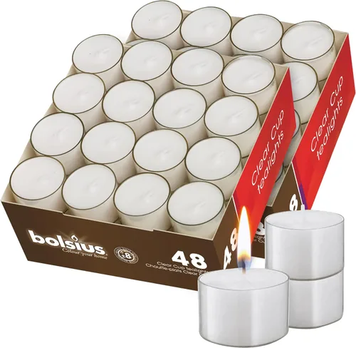 Miniatura 7 de BOLSIUS 48 Velas sin perfume en portavelas transparentes - 8 horas de combustión - Calidad europea premium - Llama consistente y sin humo - Mecha
