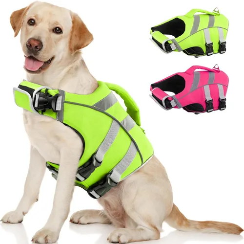 Miniatura 13 de Kuoser Chaleco salvavidas para perros con rayas reflectantes, chaleco salvavidas ajustable para mascotas con alta flotación, traje de baño