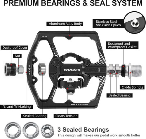 Miniatura 4 de FOOKER Pedales de bicicleta de montaña MTB, doble función plana y pedal, 3 rodamientos sellados plataforma plana compatible con pedal sin clip
