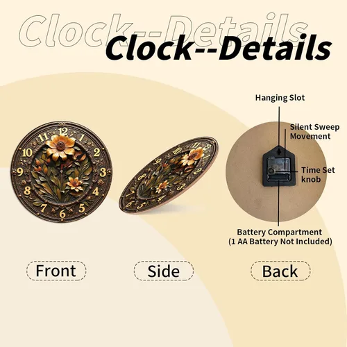 Miniatura 8 de Reloj de pared de madera de flor ornamentada de bronce con detalle grabado en relieve 9.8x9.8 in