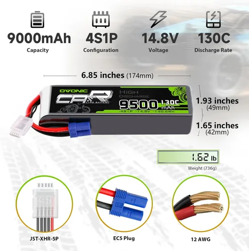 Miniatura 2 de OVONIC 4S LiPo Batería 9500mAh 14.8V 130C RC Batería con conector EC5 (paquete de 2)