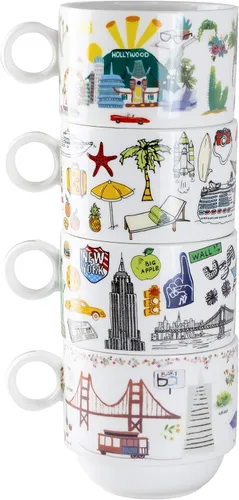 Miniatura 2 de Gracie China by Coastline Imports Juego de tazas de café apilables de porcelana de 4 piezas (Nueva York, San Francisco, Los Ángeles, Miami)