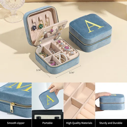 Miniatura 4 de Parima Regalos de cumpleaños para mujeres y niñas, estuche organizador de joyería de viaje de terciopelo de felpa, inicial, pequeño, azul, artículos