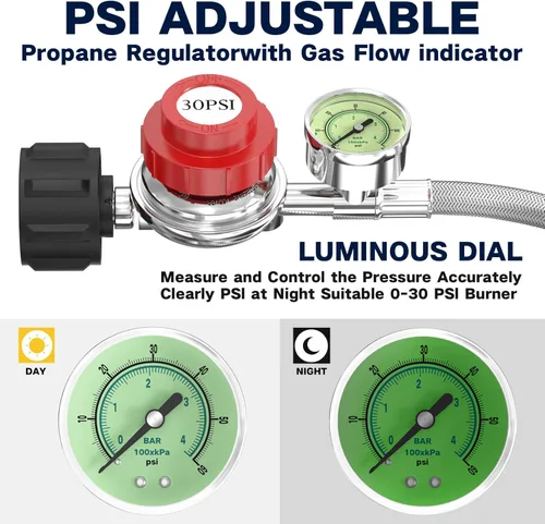 Miniatura 2 de Regulador de propano de alta presión ajustable de 5 pies 0-30 PSI con medidor, indicador de flujo de gas de 0~60 PSI, manguera de propano de acero